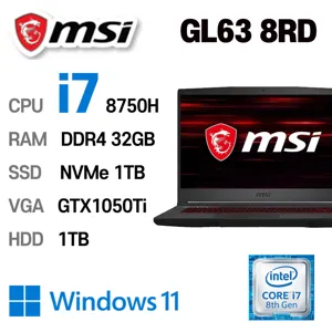 중고노트북 MSI노트북 게이밍노트북 GL63 8RD i7-8750H 32GB NVMe 1TB + HDD 1TB GTX1050Ti 4GB, 블랙 + HDD 1TB, MSi GL63 8RD, 코어i7, 1TB, 32GB, WIN11 Pro